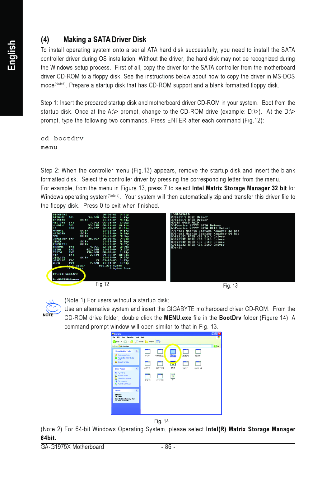 Intel GA-G1975X user manual Making a Sata Driver Disk, Cd bootdrv Menu 