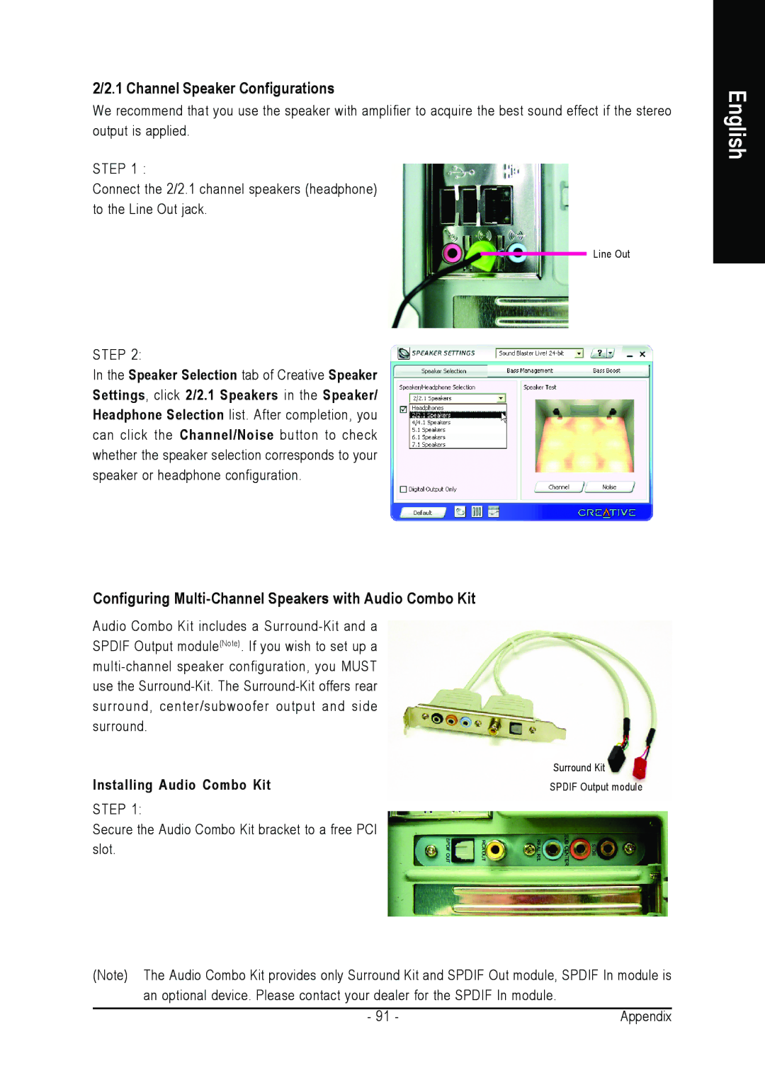 Intel GA-G1975X user manual Channel Speaker Configurations, Configuring Multi-Channel Speakers with Audio Combo Kit 