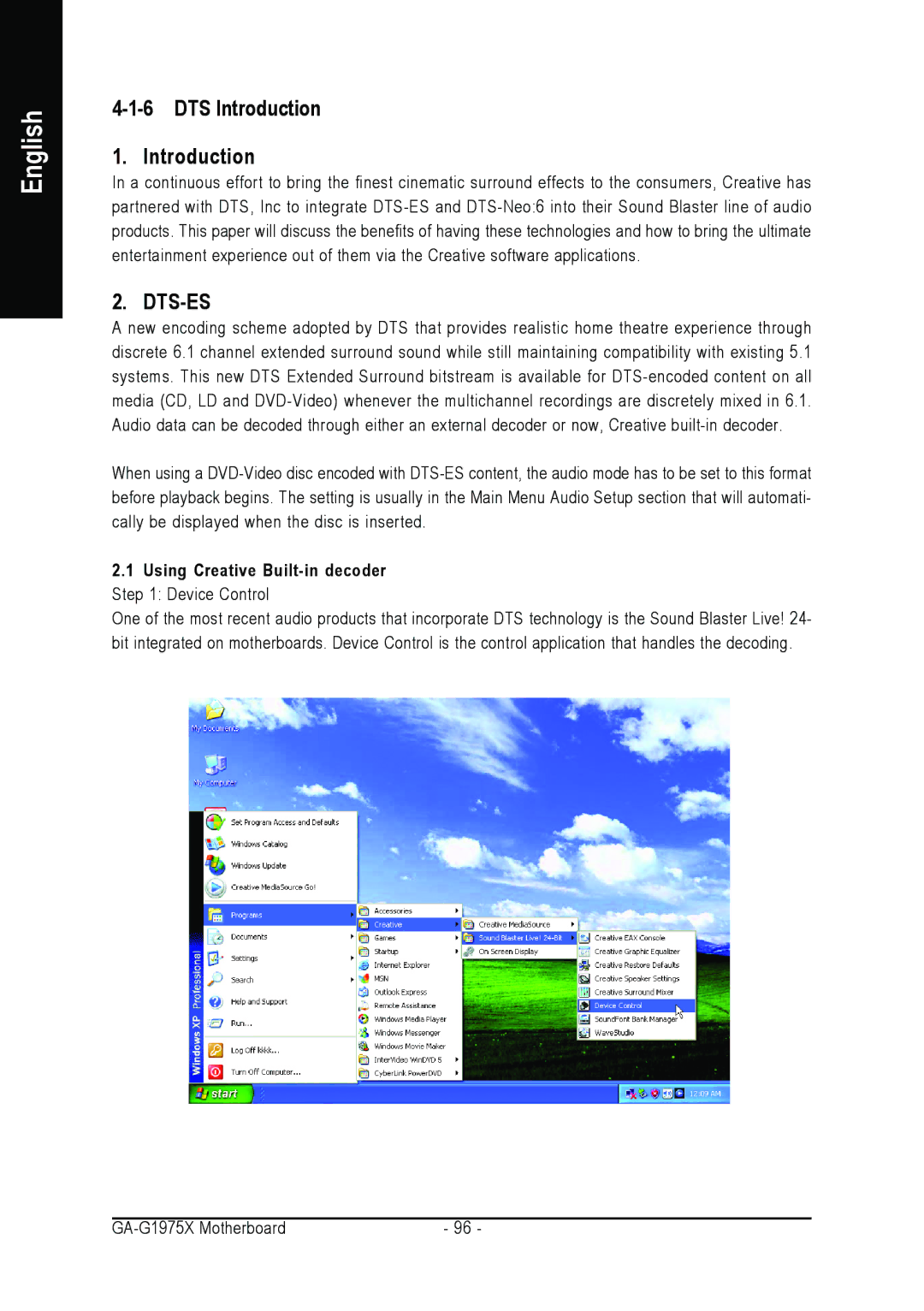 Intel GA-G1975X user manual DTS Introduction, Using Creative Built-in decoder Device Control 