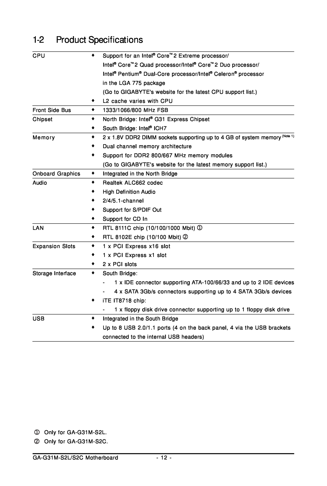 Intel GA-G31M-S2L, GA-G31M-S2C user manual Product Specifications 