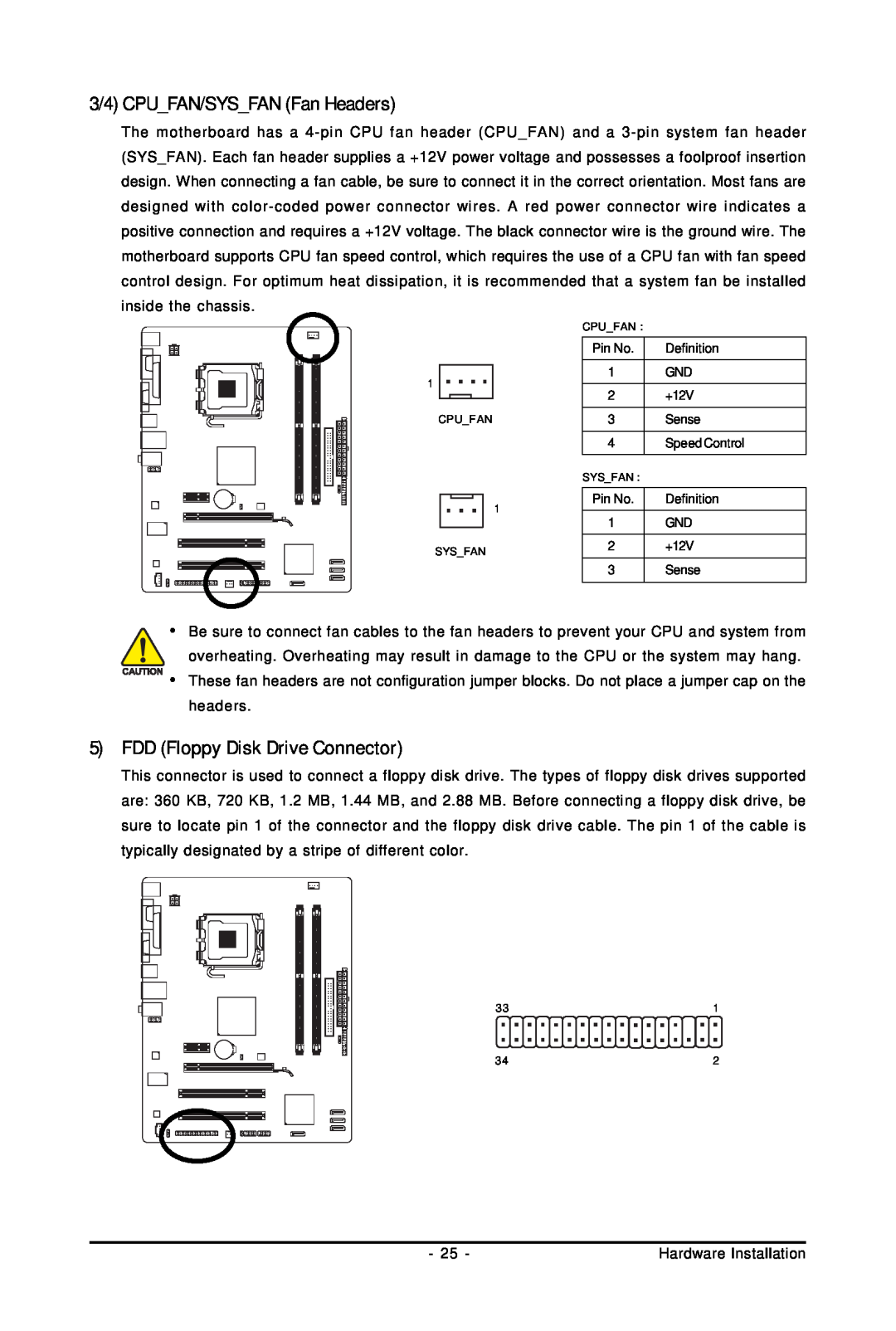 Intel GA-G31M-S2C, GA-G31M-S2L user manual 3/4 CPU FAN/SYS FAN Fan Headers, 5FDD Floppy Disk Drive Connector 