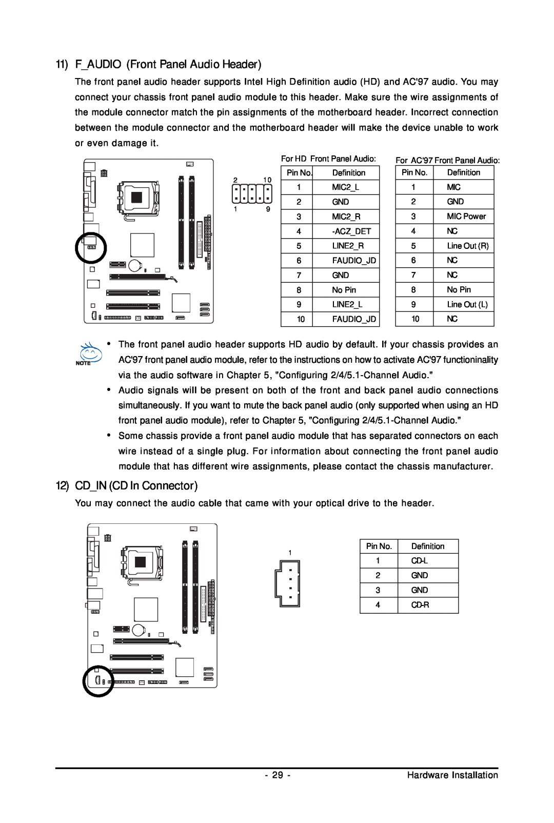 Intel GA-G31M-S2C, GA-G31M-S2L user manual 11F_AUDIO Front Panel Audio Header, 12CD_IN CD In Connector 