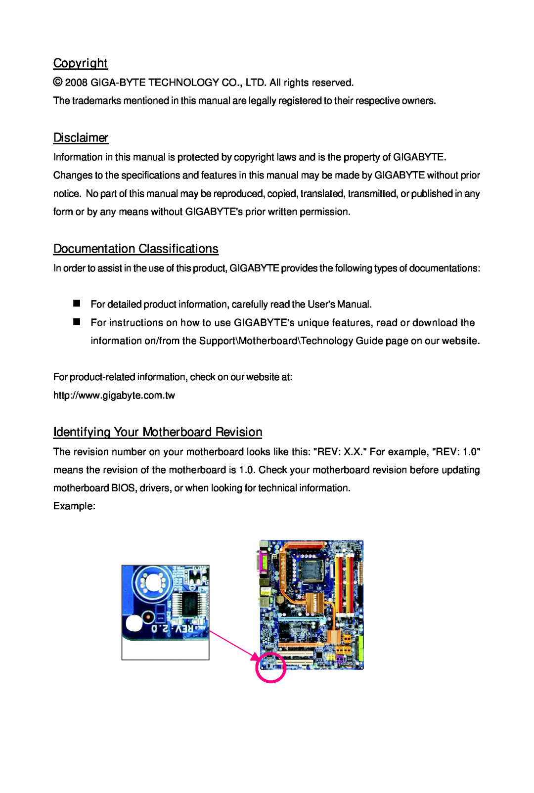 Intel GA-G31M-S2L, GA-G31M-S2C Copyright, Disclaimer, Documentation Classifications, Identifying Your Motherboard Revision 