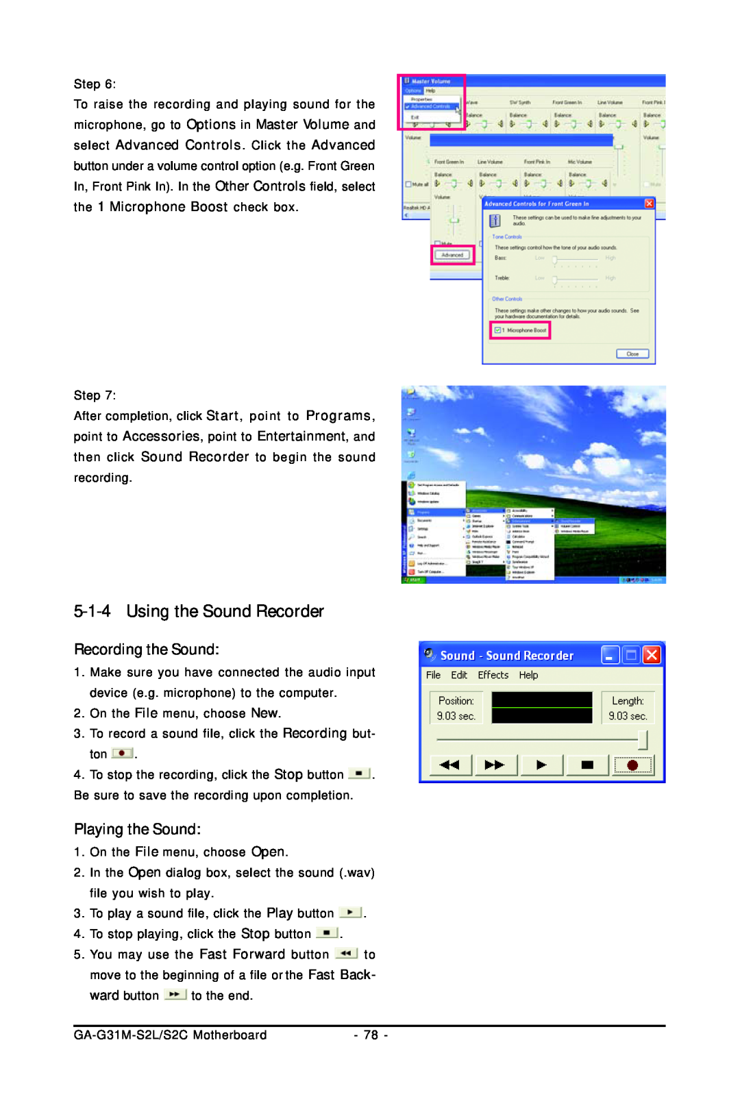 Intel GA-G31M-S2L, GA-G31M-S2C user manual 5-1-4Using the Sound Recorder, Recording the Sound, Playing the Sound 