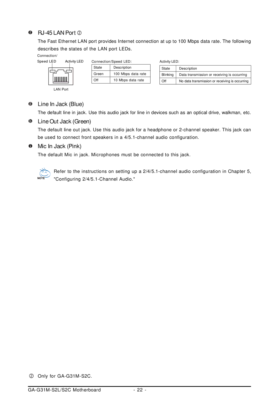 Intel GA-G31M-S2L, GA-G31M-S2C user manual Line In Jack Blue, Line Out Jack Green, Mic In Jack Pink 