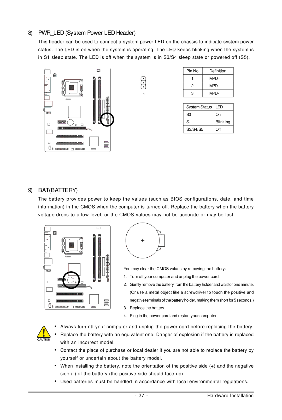 Intel GA-G31M-S2C, GA-G31M-S2L user manual Pwrled System Power LED Header, Batbattery 