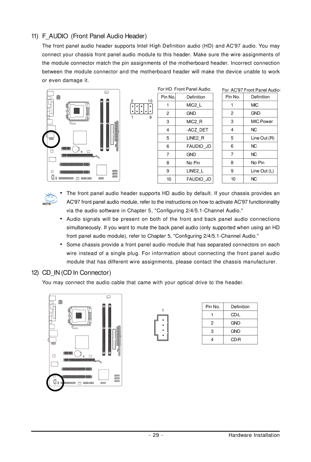 Intel GA-G31M-S2C, GA-G31M-S2L user manual Faudio Front Panel Audio Header, Cdin CD In Connector 