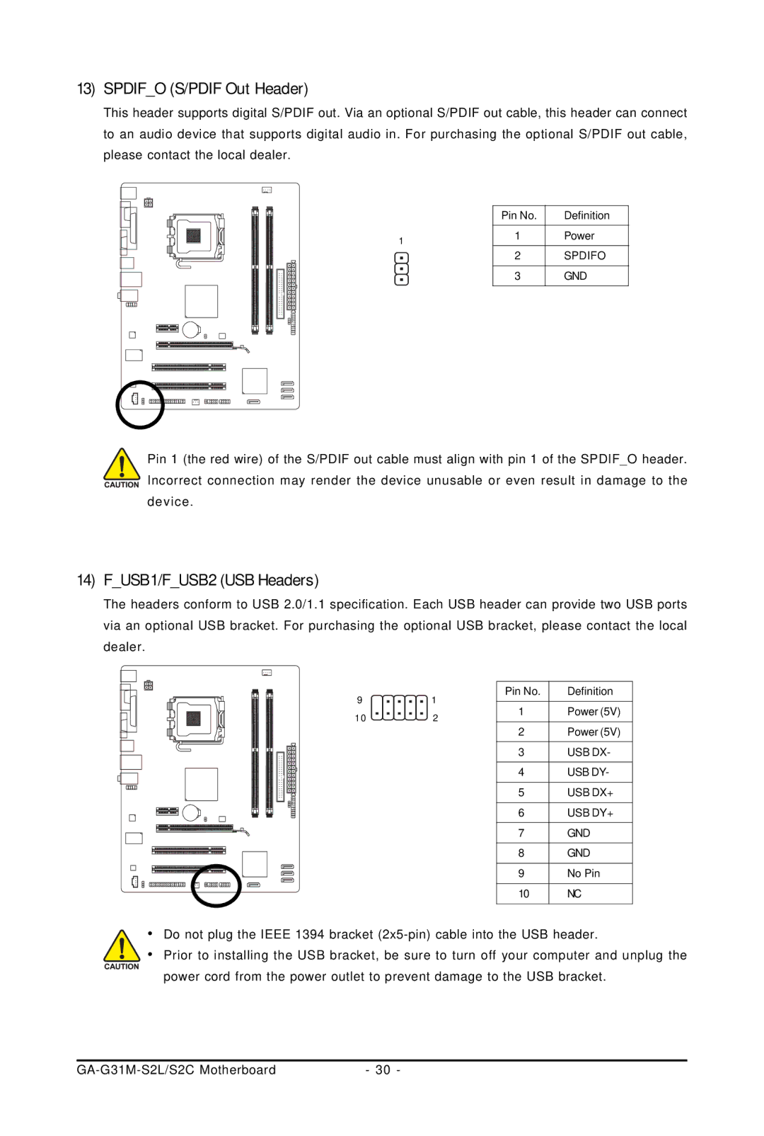 Intel GA-G31M-S2L, GA-G31M-S2C user manual Spdifo S/PDIF Out Header, FUSB1/FUSB2 USB Headers 