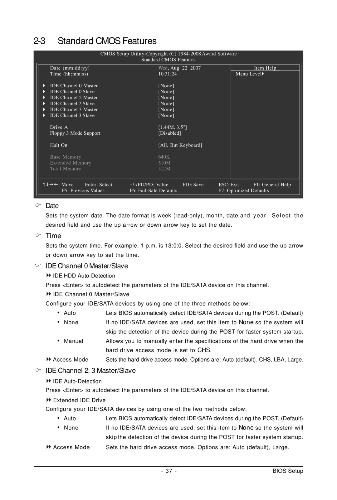 Intel GA-G31M-S2C, GA-G31M-S2L user manual Date, Time, IDE Channel 0 Master/Slave, IDE Channel 2, 3 Master/Slave 