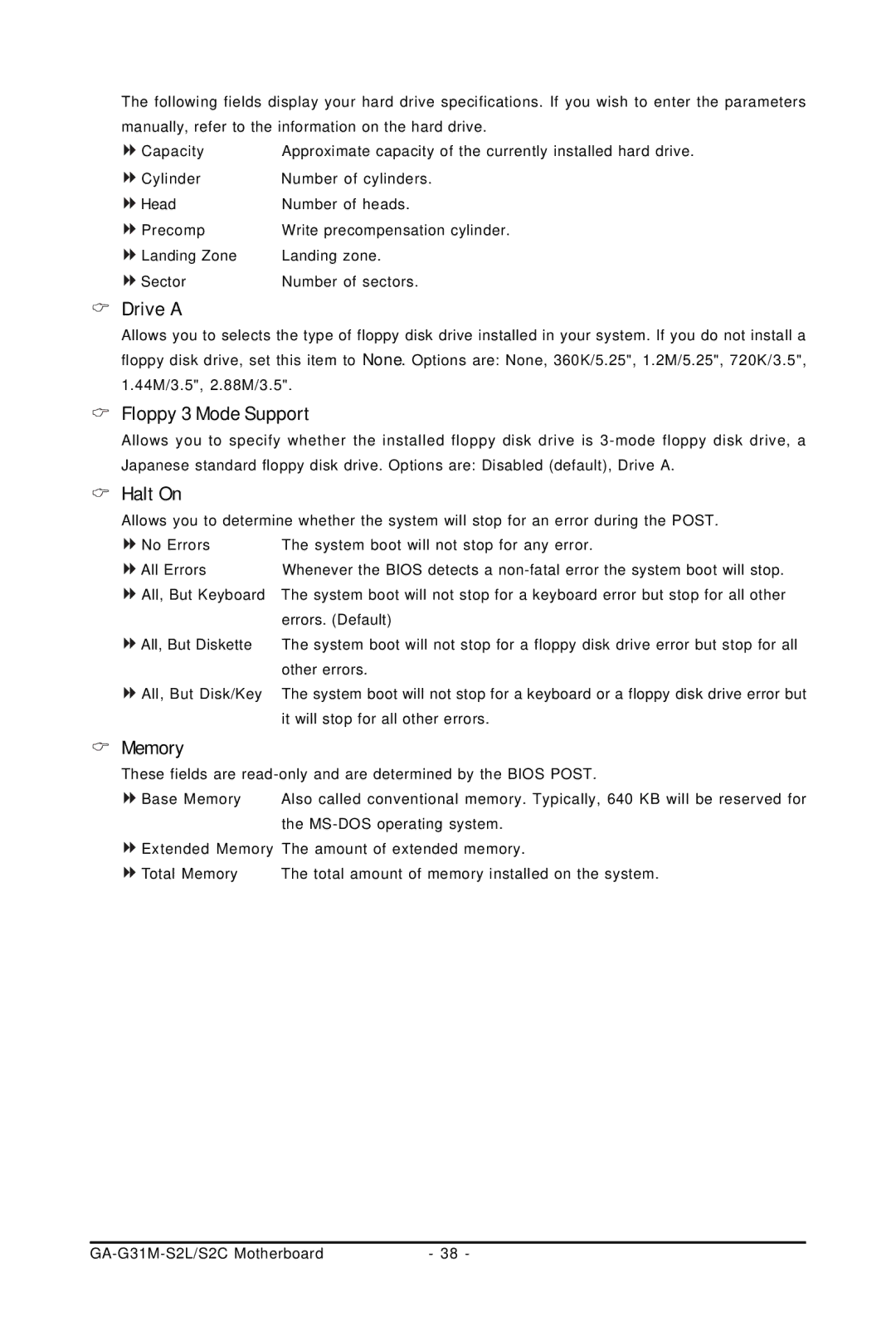 Intel GA-G31M-S2L, GA-G31M-S2C user manual Drive a, Floppy 3 Mode Support, Halt On, Memory 