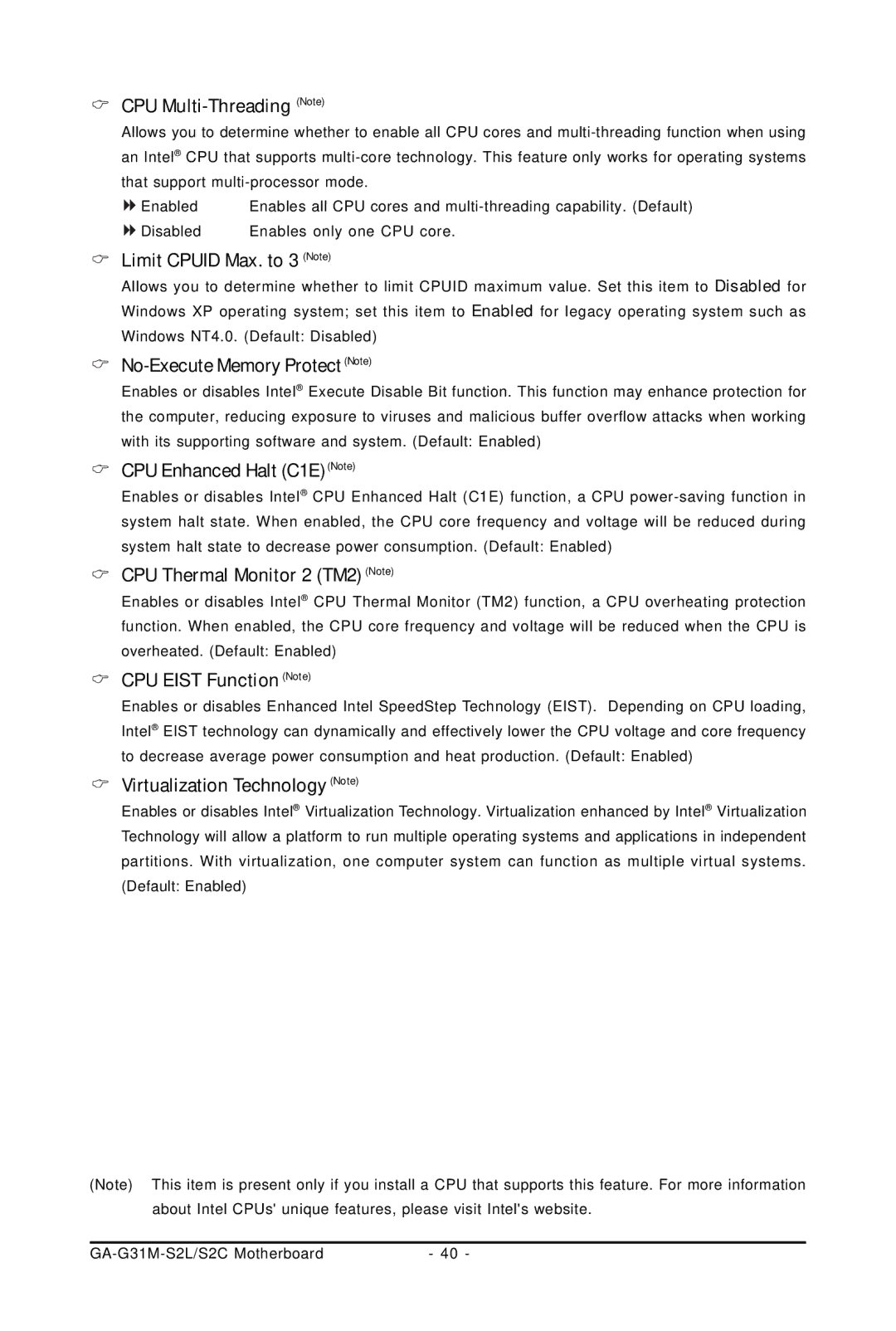 Intel GA-G31M-S2L, GA-G31M-S2C CPU Multi-Threading Note, Limit Cpuid Max. to 3 Note, No-Execute Memory Protect Note 