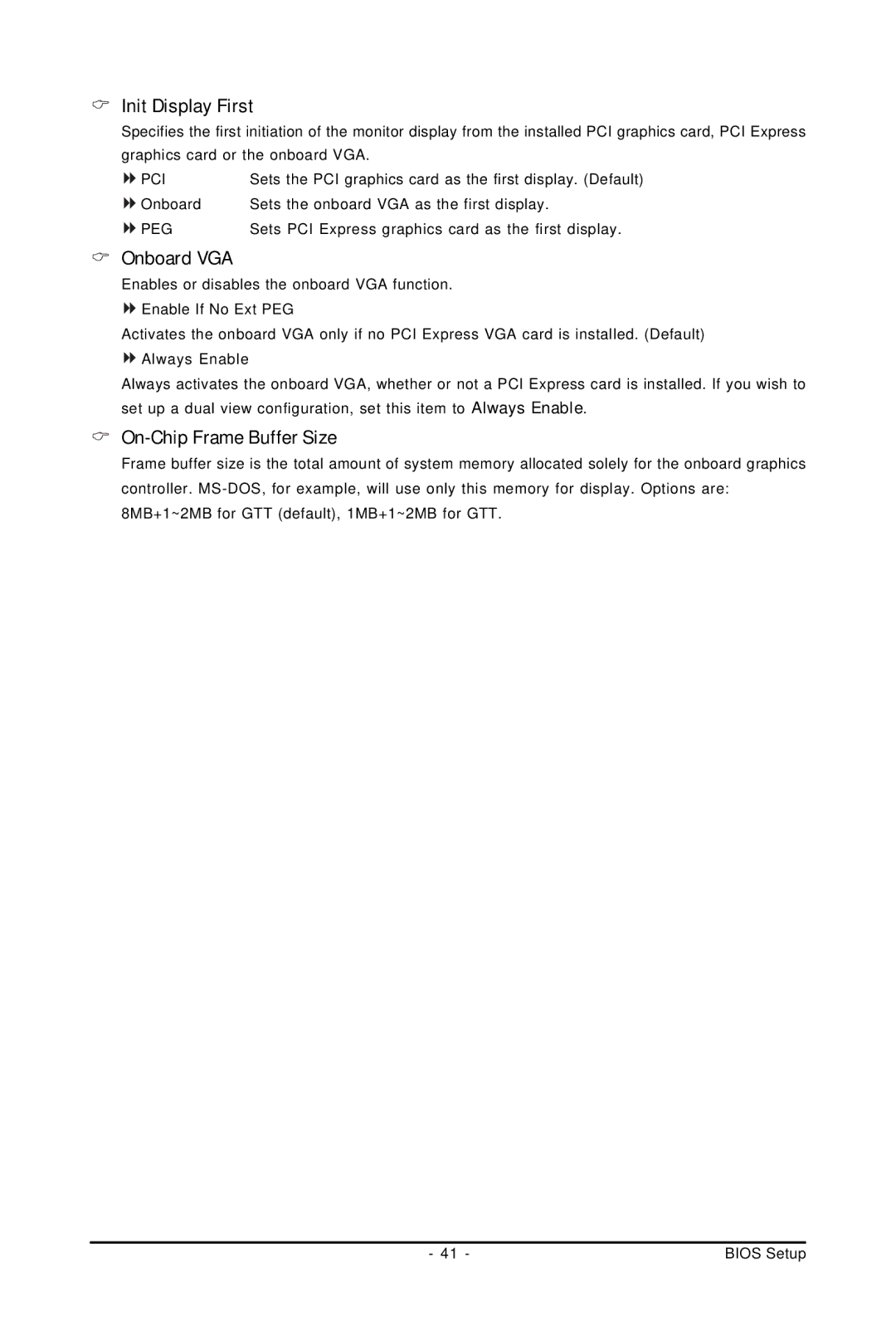 Intel GA-G31M-S2C, GA-G31M-S2L user manual Init Display First, Onboard VGA, On-Chip Frame Buffer Size 