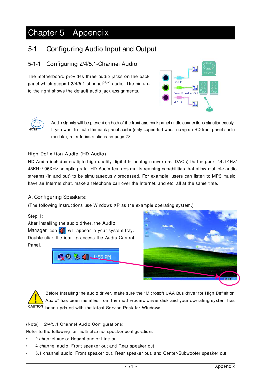 Intel GA-G31M-S2C, GA-G31M-S2L Configuring Audio Input and Output, Configuring 2/4/5.1-Channel Audio, Configuring Speakers 