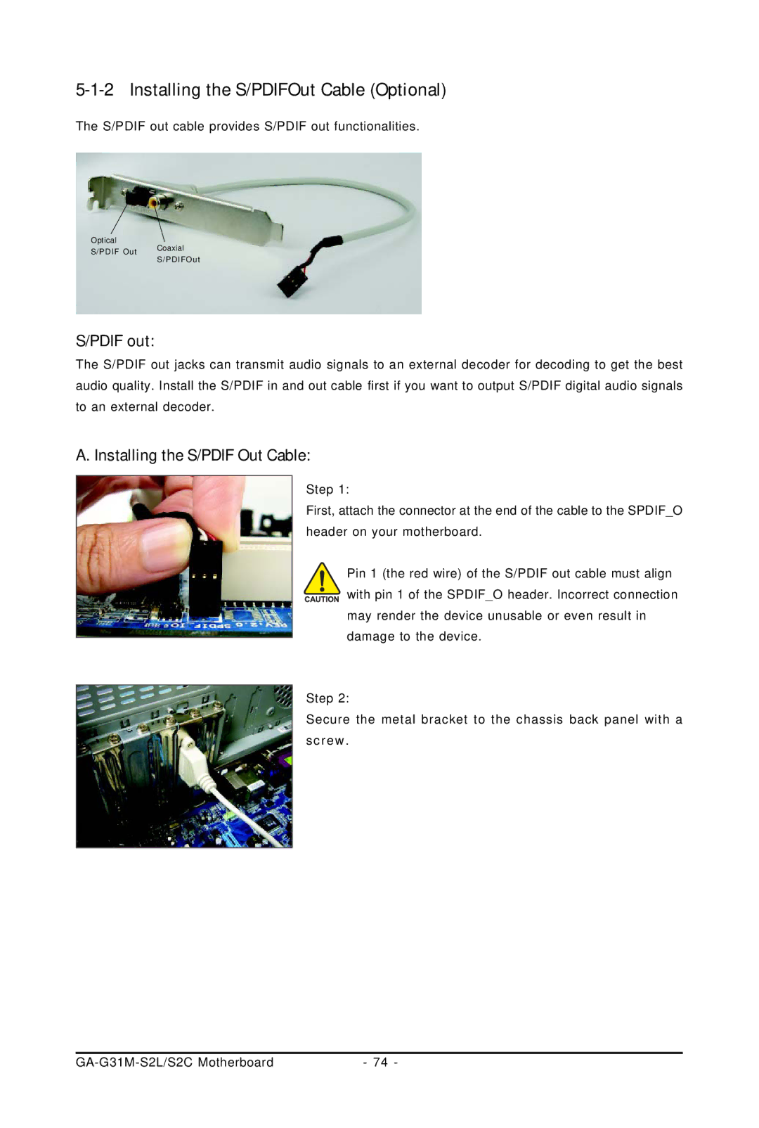 Intel GA-G31M-S2L, GA-G31M-S2C Installing the S/PDIFOut Cable Optional, Pdif out, Installing the S/PDIF Out Cable 