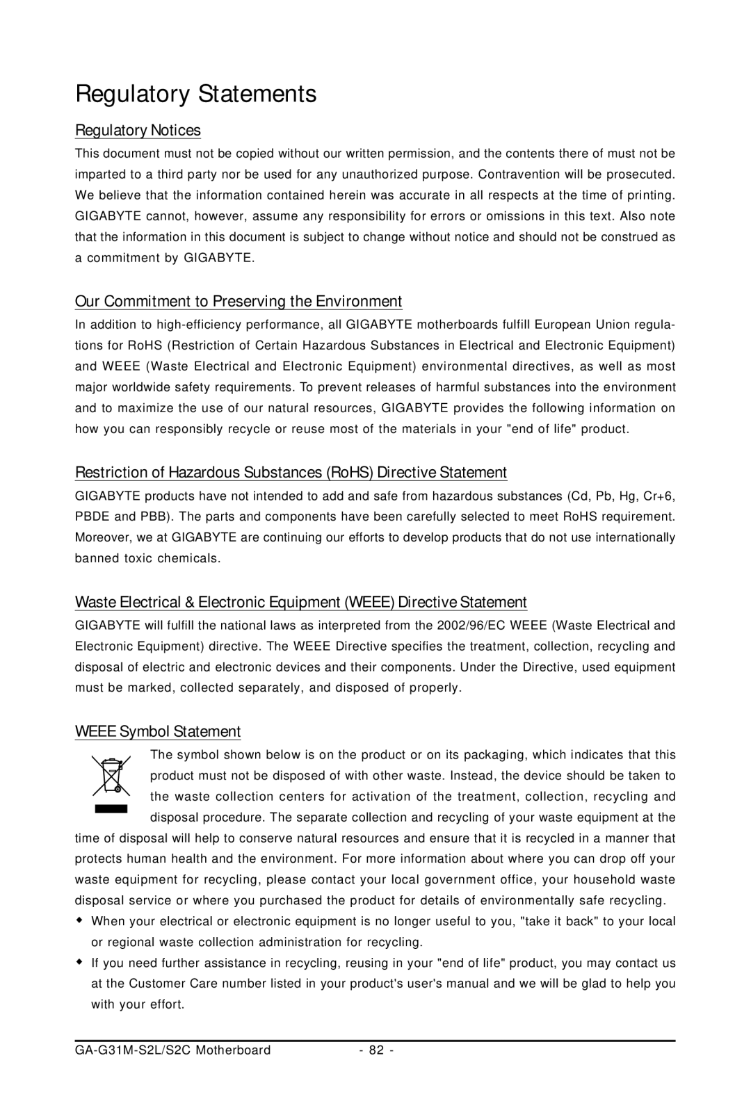 Intel GA-G31M-S2L, GA-G31M-S2C Regulatory Notices, Our Commitment to Preserving the Environment, Weee Symbol Statement 