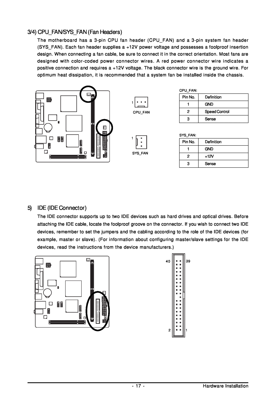 Intel GA-GC230D user manual 3/4 CPU FAN/SYS FAN Fan Headers, 5IDE IDE Connector 