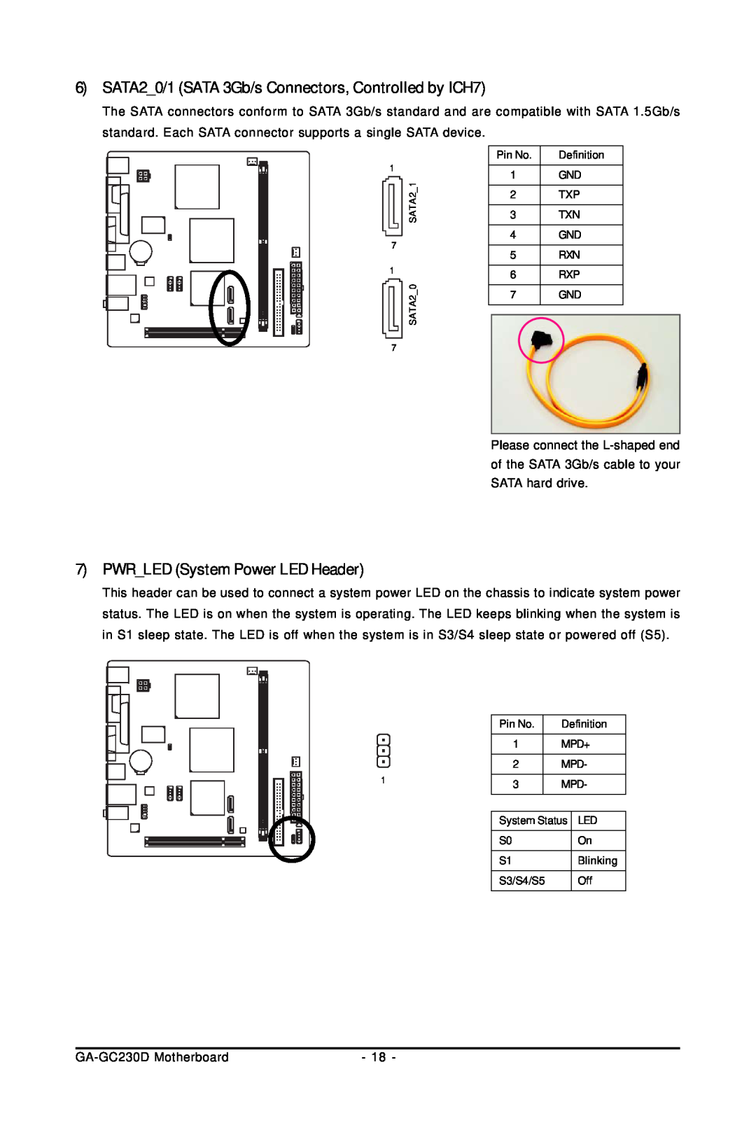 Intel user manual 7PWR LED System Power LED Header, GA-GC230DMotherboard 