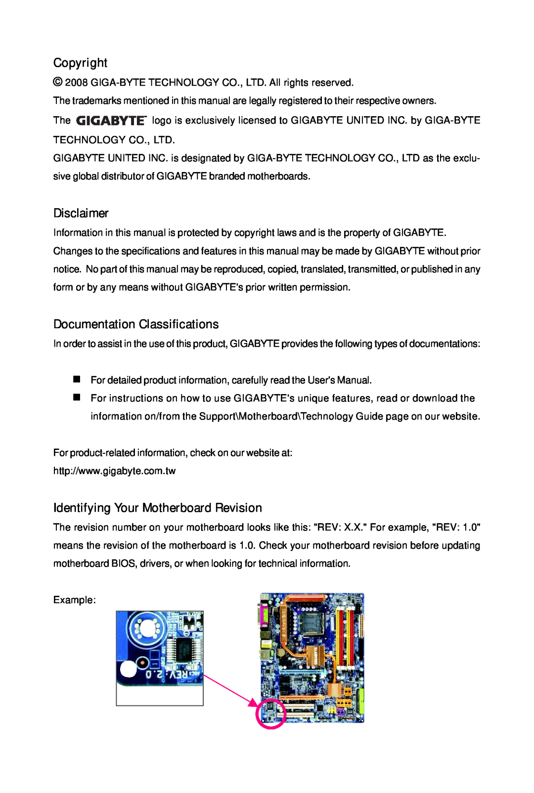 Intel GA-GC230D user manual Copyright, Disclaimer, Documentation Classifications, Identifying Your Motherboard Revision 