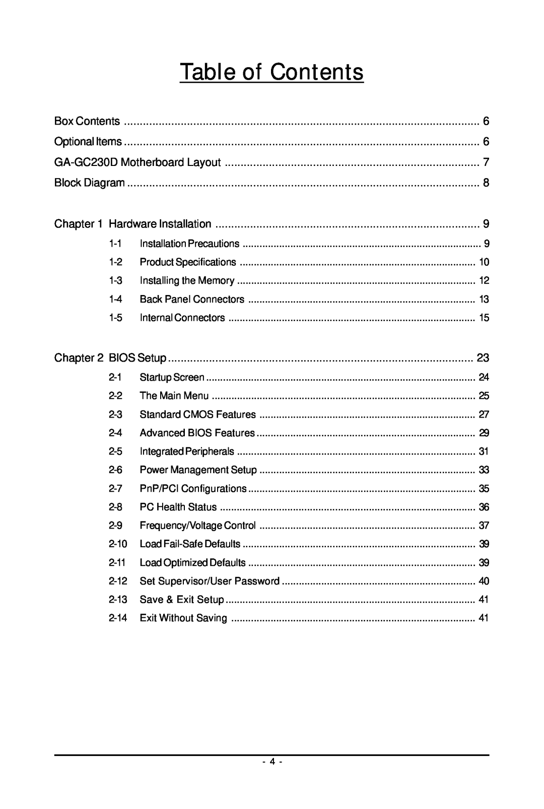 Intel GA-GC230D user manual Table of Contents 