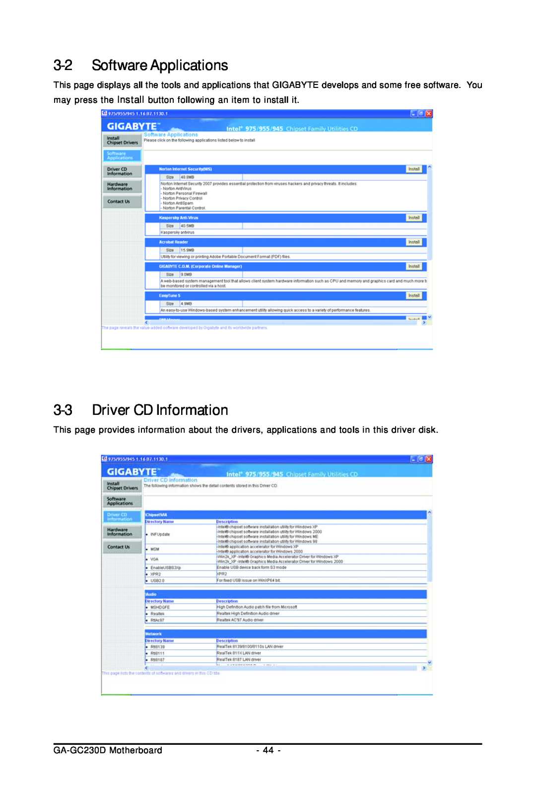 Intel user manual 3-2Software Applications, 3-3Driver CD Information, GA-GC230DMotherboard 