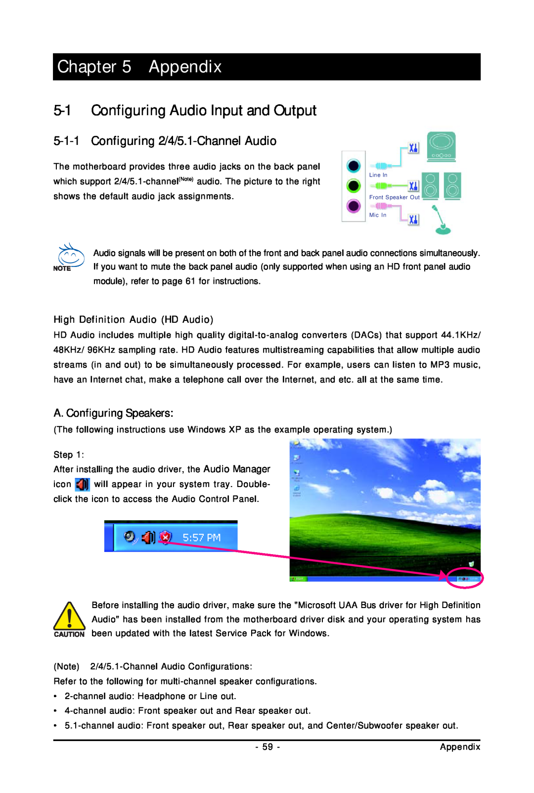 Intel GA-GC230D user manual Appendix, 5-1Configuring Audio Input and Output, 5-1-1Configuring 2/4/5.1-ChannelAudio 