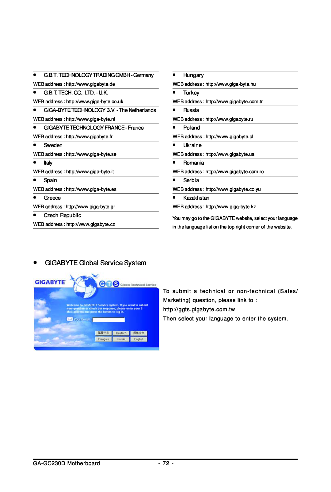Intel user manual yGIGABYTE Global Service System, To submit a technical or non-technicalSales, GA-GC230DMotherboard 