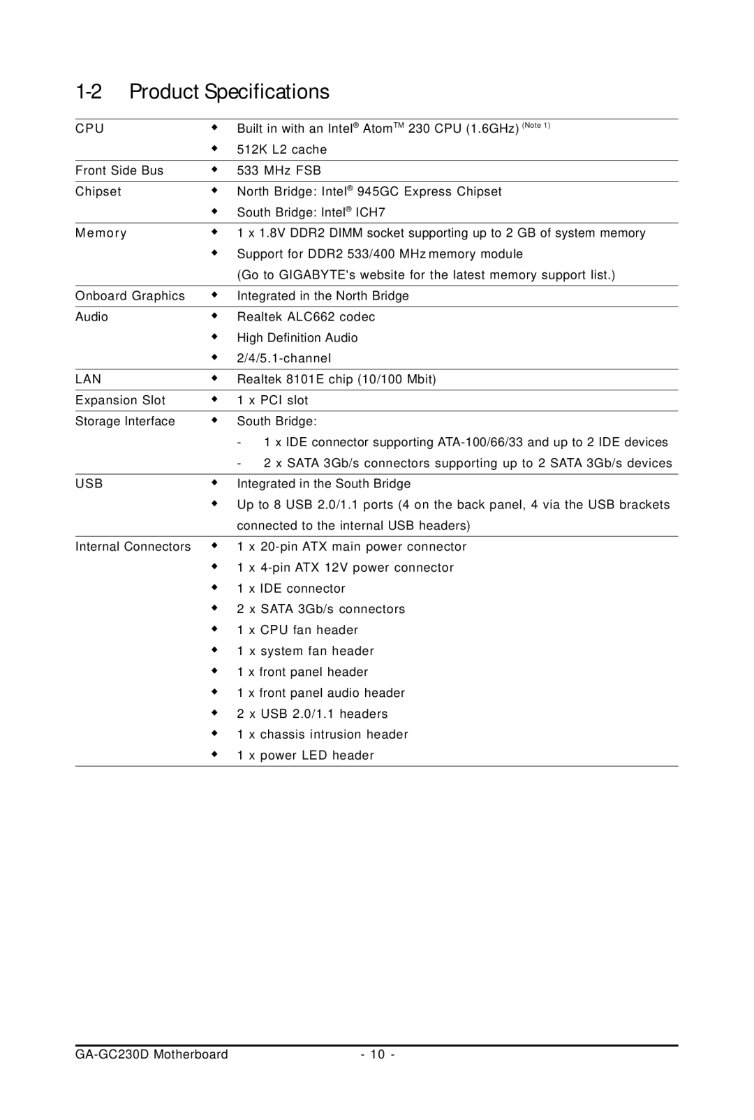 Intel GA-GC230D user manual Product Specifications, Cpu 