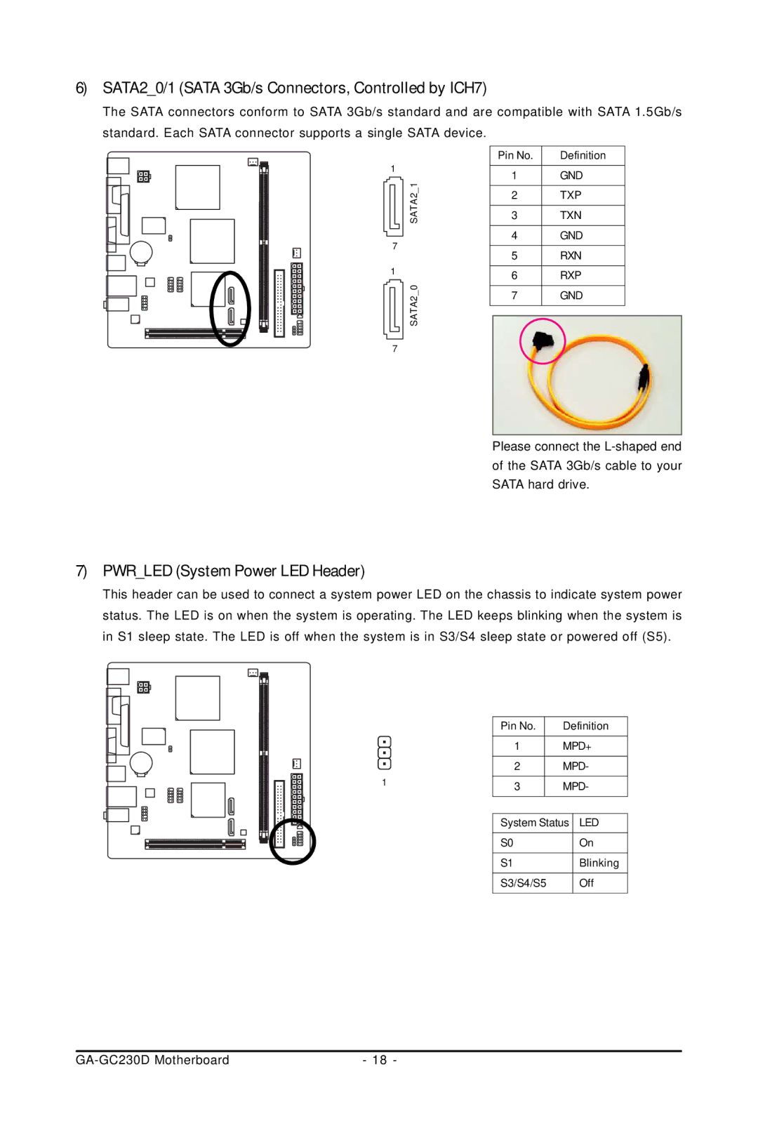 Intel GA-GC230D user manual SATA20/1 Sata 3Gb/s Connectors, Controlled by ICH7, Pwrled System Power LED Header 