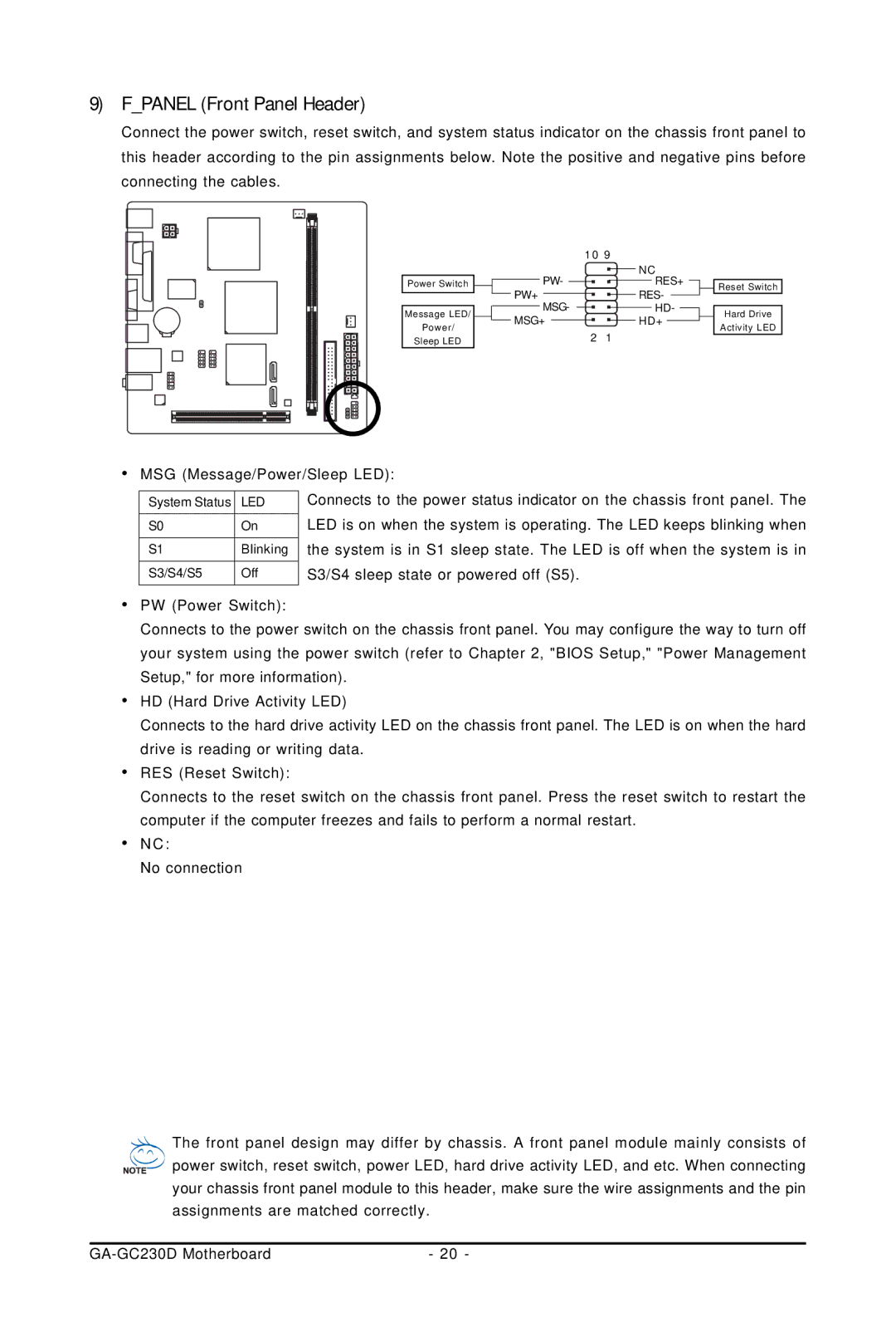 Intel GA-GC230D user manual Fpanel Front Panel Header 