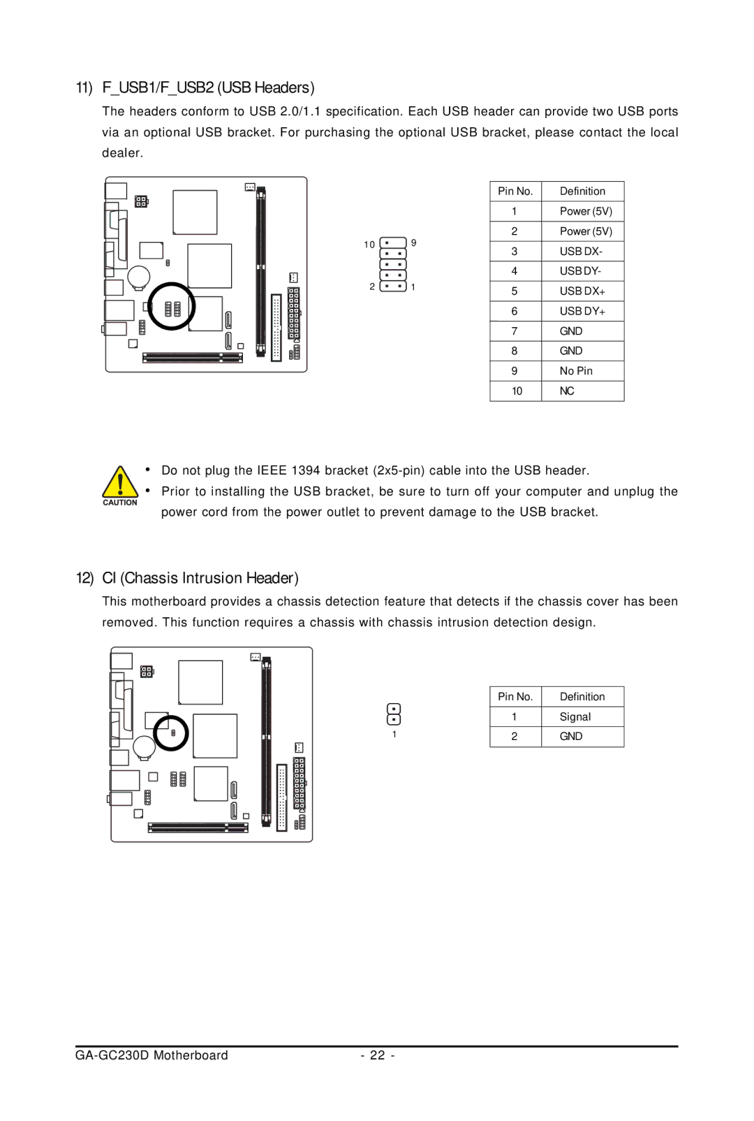 Intel GA-GC230D user manual FUSB1/FUSB2 USB Headers, CI Chassis Intrusion Header 