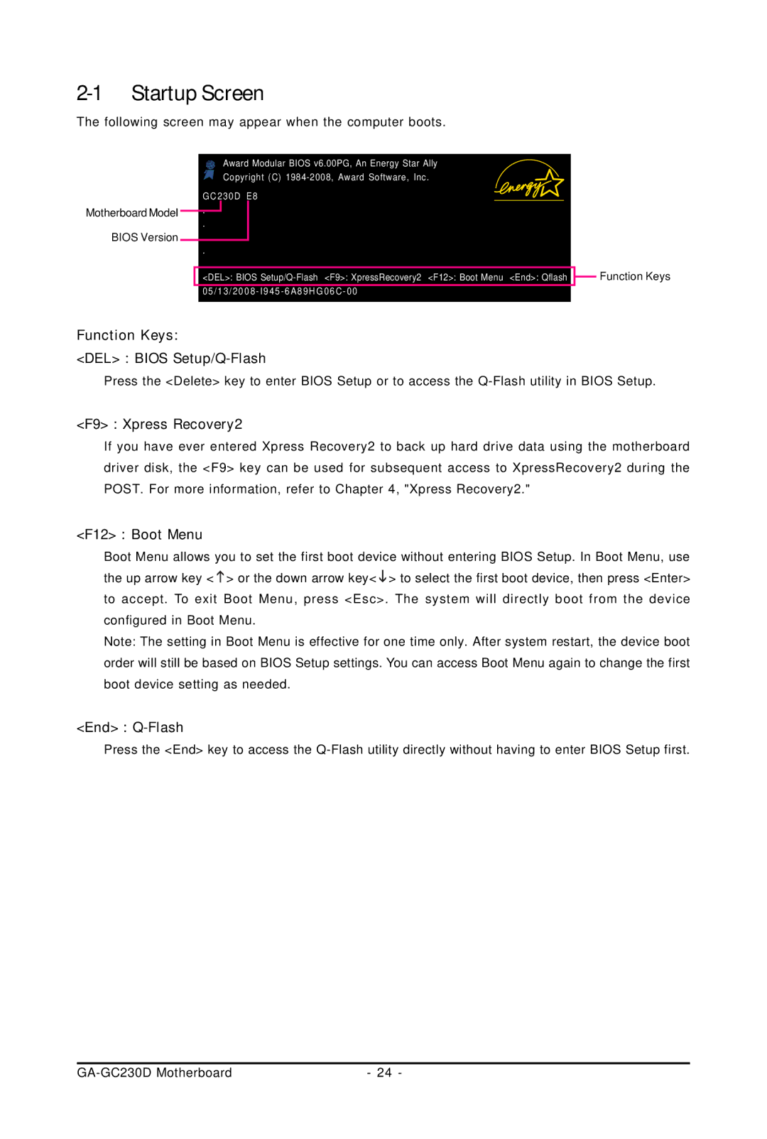 Intel GA-GC230D Startup Screen, Function Keys DEL Bios Setup/Q-Flash, F9 Xpress Recovery2, F12 Boot Menu, End Q-Flash 