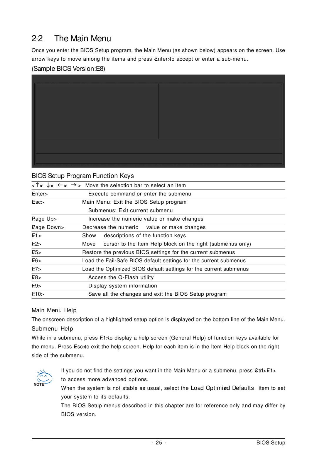 Intel GA-GC230D user manual Sample Bios Version E8, Bios Setup Program Function Keys, Main Menu Help, Submenu Help 