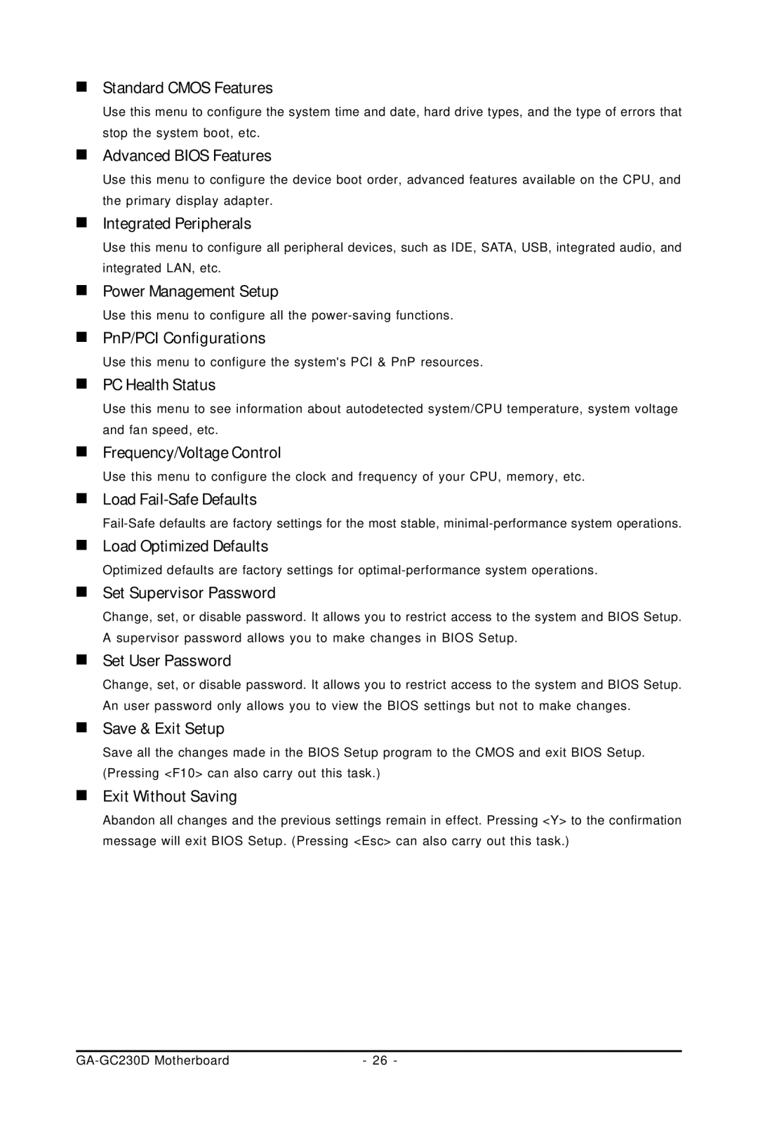 Intel GA-GC230D „ Standard Cmos Features, „ Advanced Bios Features, „ Integrated Peripherals, „ Power Management Setup 