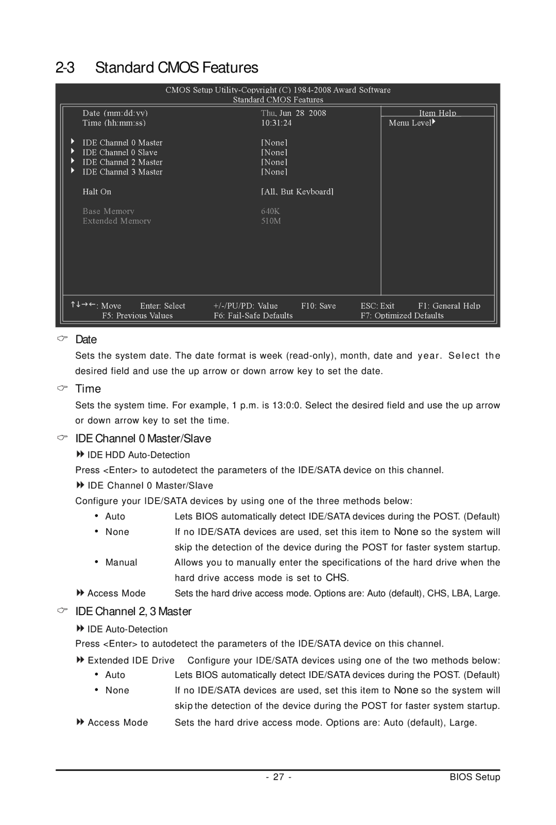 Intel GA-GC230D user manual Standard Cmos Features, Date, Time, IDE Channel 0 Master/Slave, IDE Channel 2, 3 Master 