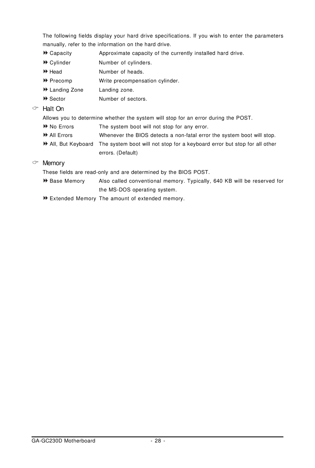 Intel GA-GC230D user manual Halt On, Memory 
