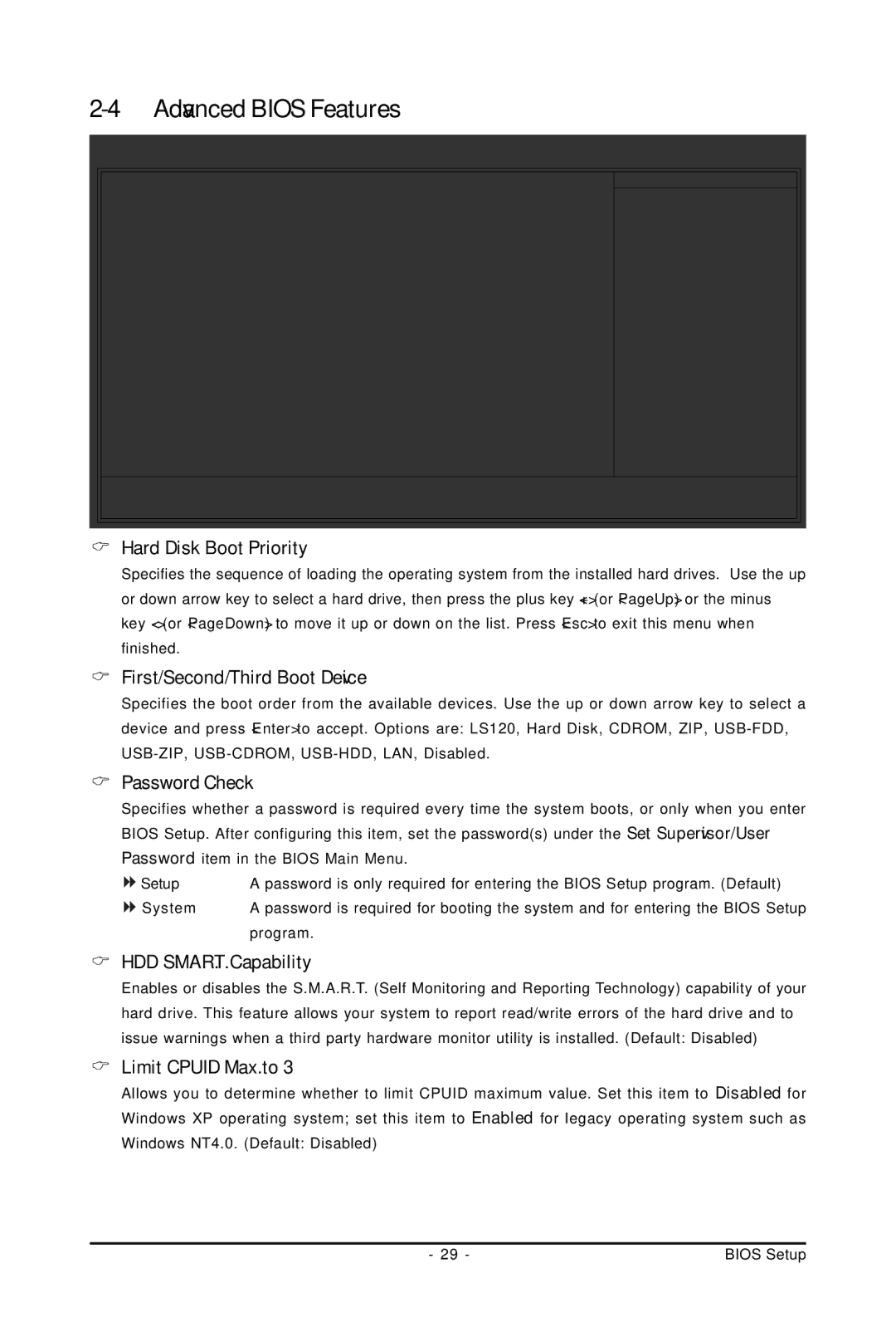 Intel GA-GC230D user manual Advanced Bios Features 