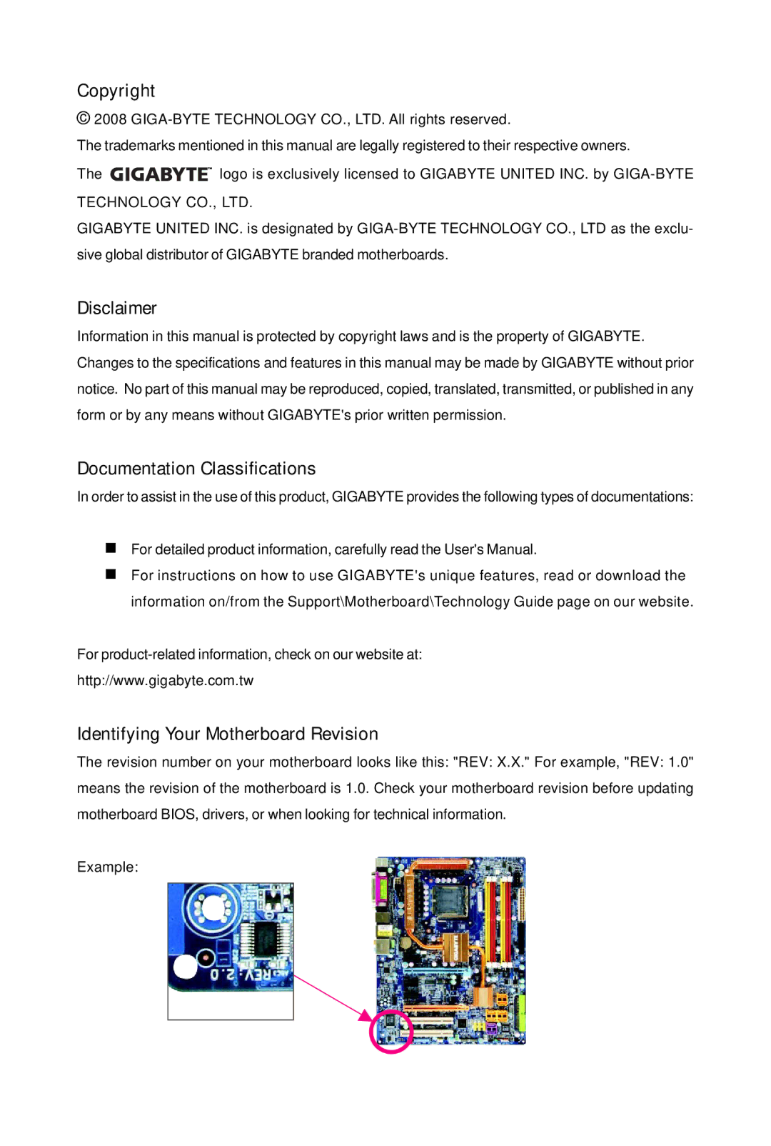 Intel GA-GC230D user manual Copyright, Disclaimer, Documentation Classifications, Identifying Your Motherboard Revision 