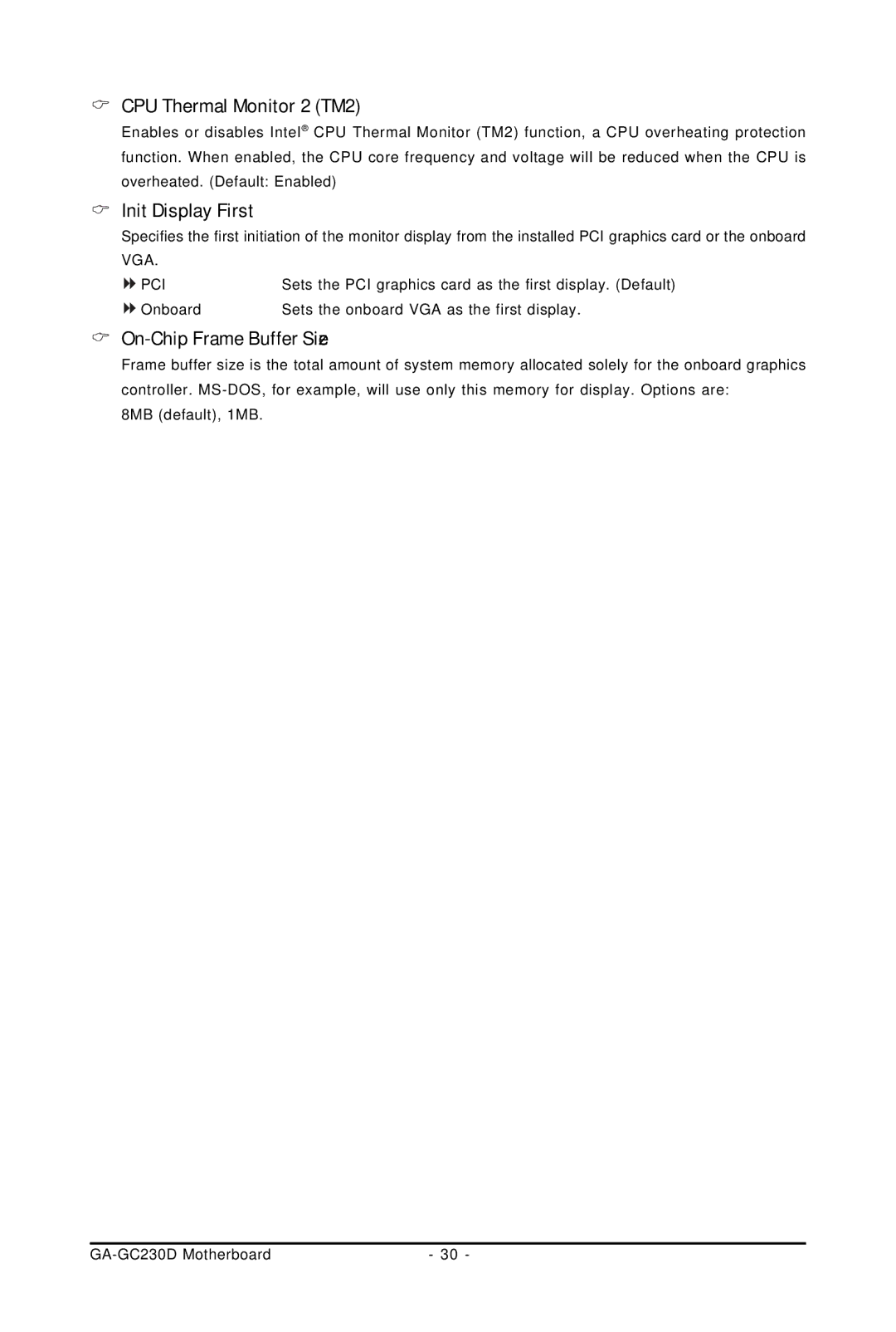 Intel GA-GC230D user manual CPU Thermal Monitor 2 TM2, Init Display First, On-Chip Frame Buffer Size 