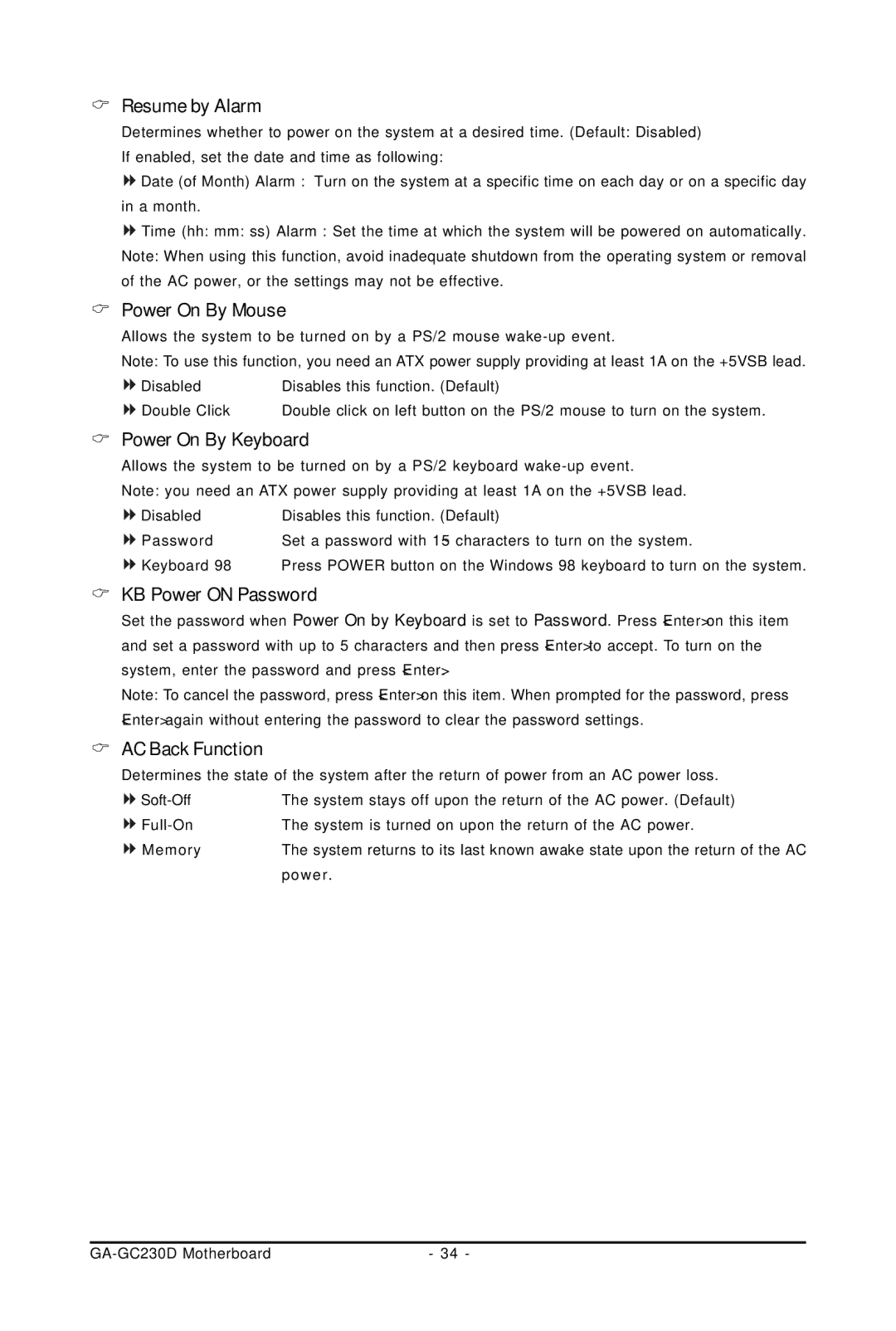 Intel GA-GC230D Resume by Alarm, Power On By Mouse, Power On By Keyboard, KB Power on Password, AC Back Function 