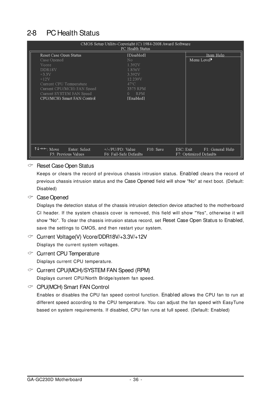 Intel GA-GC230D user manual PC Health Status 