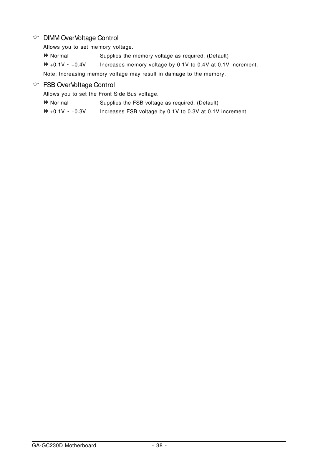 Intel GA-GC230D user manual Dimm OverVoltage Control, FSB OverVoltage Control 