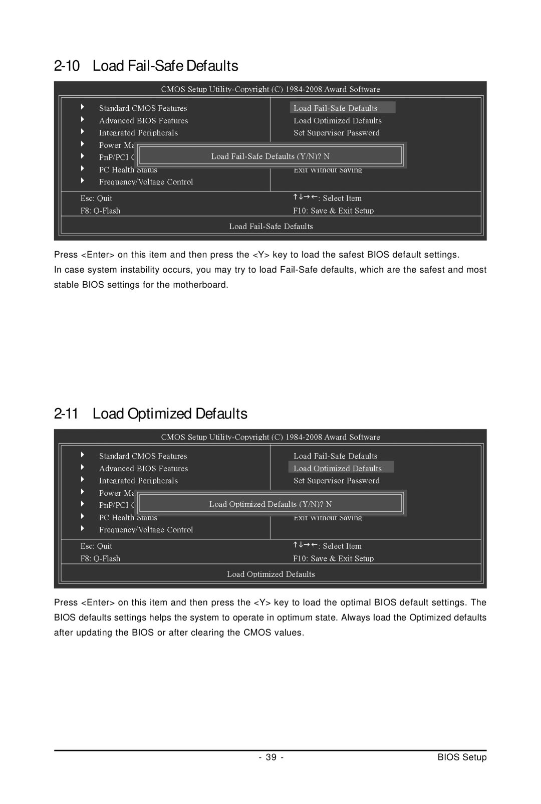 Intel GA-GC230D user manual Load Fail-Safe Defaults, Load Optimized Defaults 