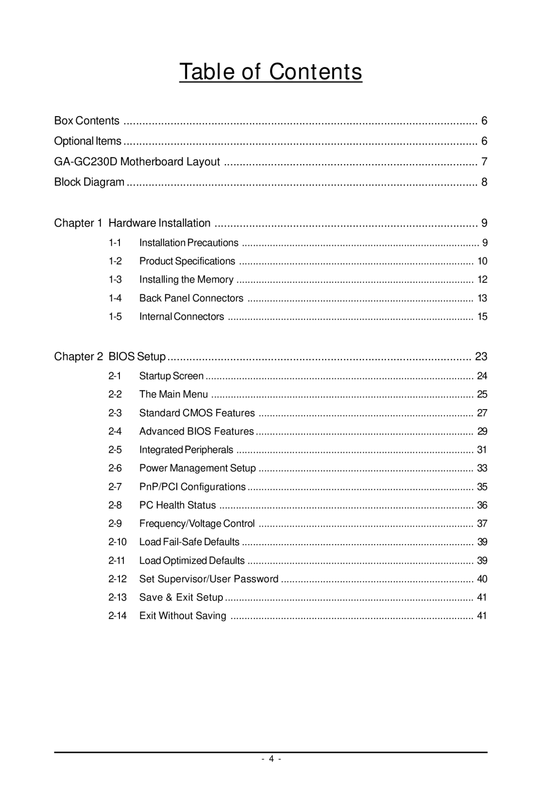 Intel GA-GC230D user manual Table of Contents 