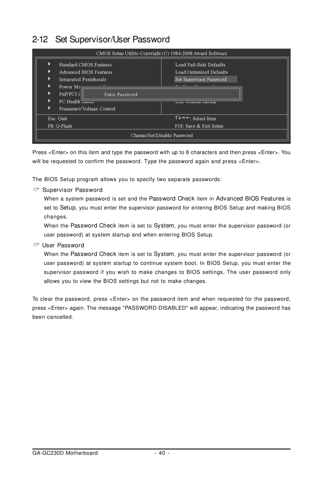 Intel GA-GC230D user manual Set Supervisor/User Password, Supervisor Password 