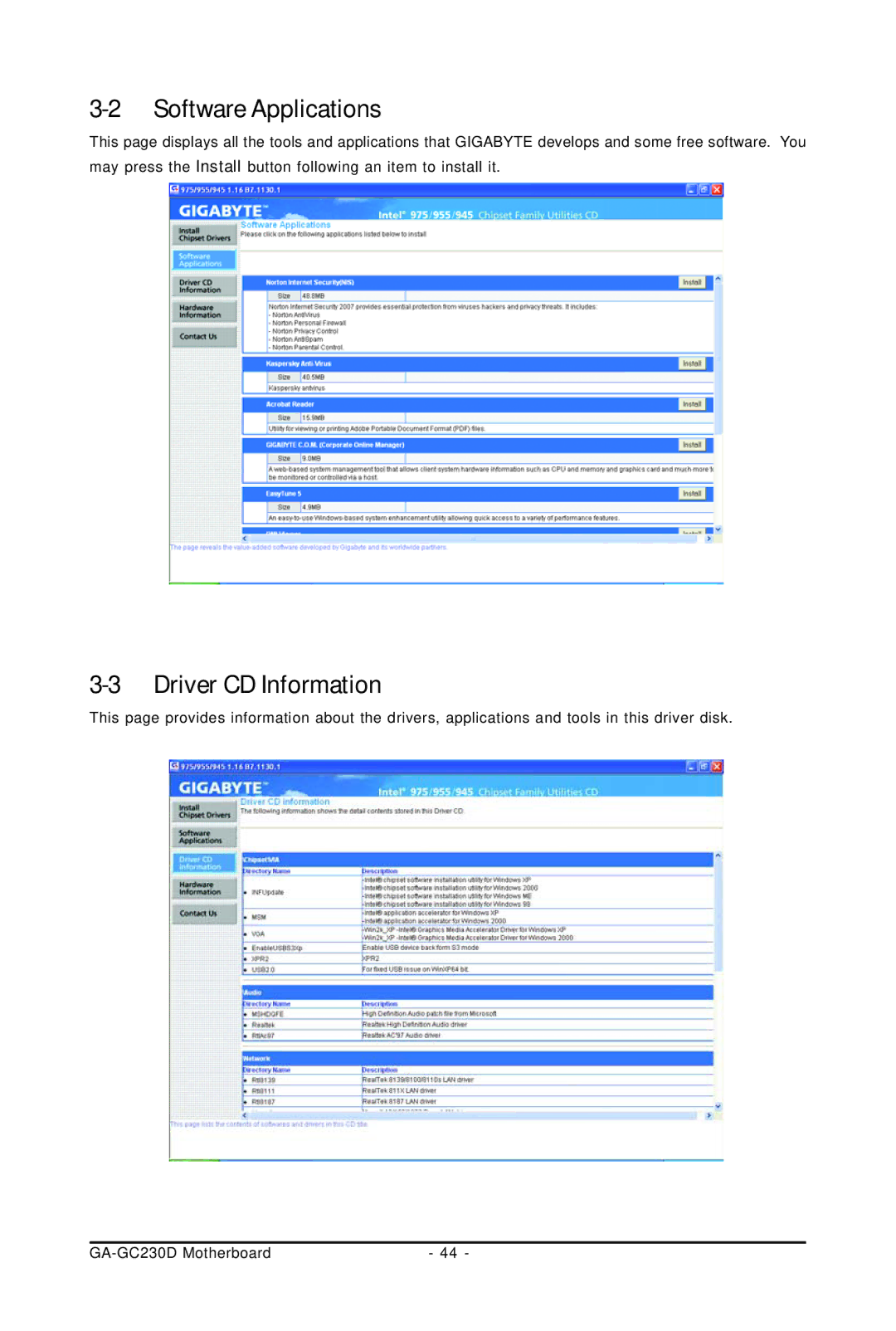 Intel GA-GC230D user manual Software Applications, Driver CD Information 