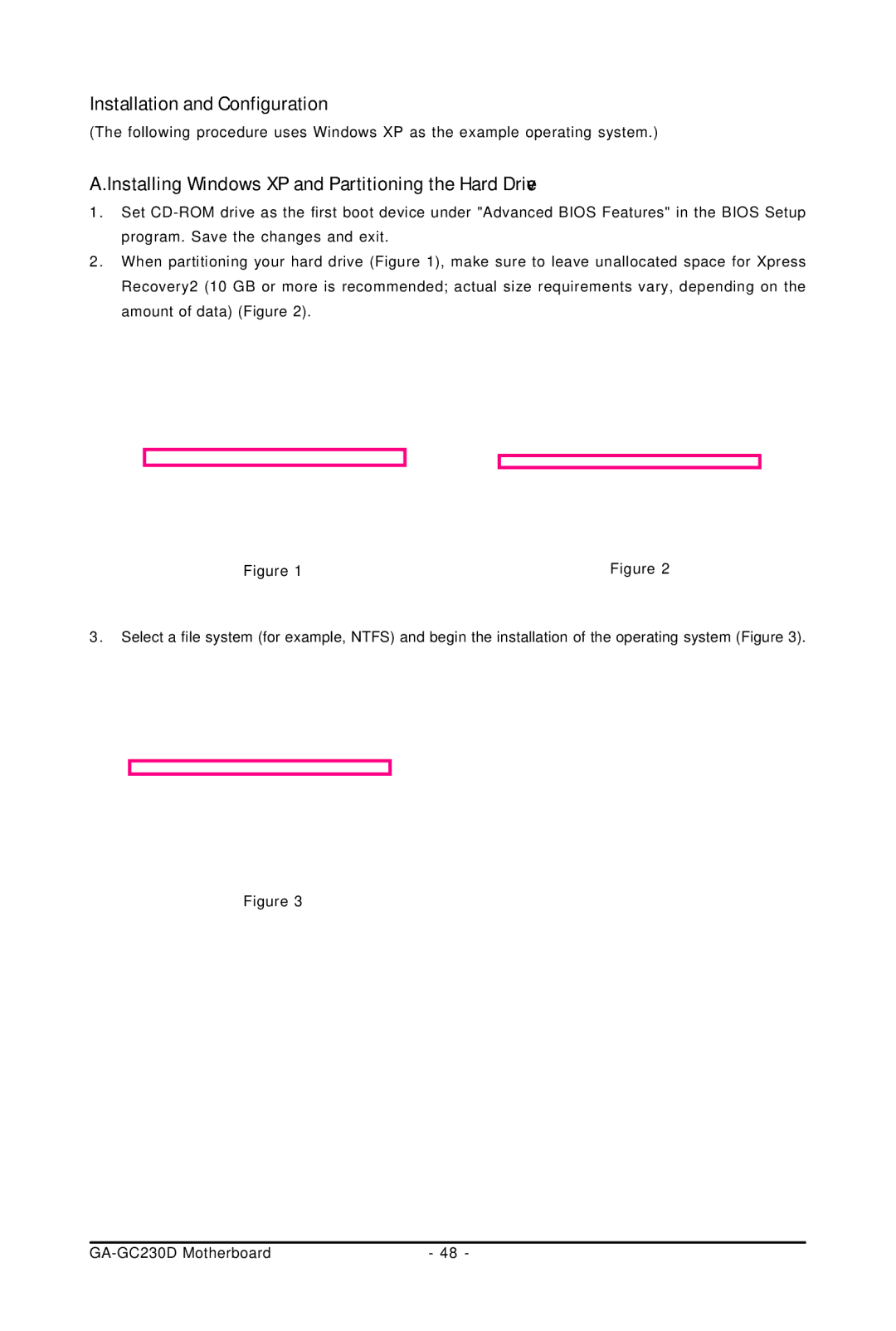 Intel GA-GC230D user manual Installation and Configuration, Installing Windows XP and Partitioning the Hard Drive 