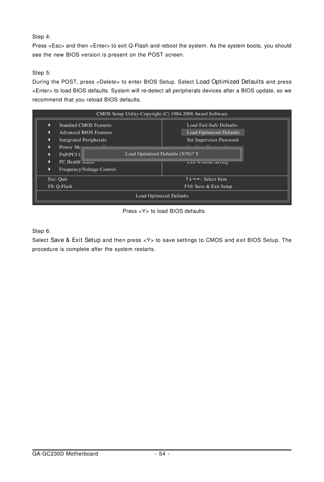 Intel GA-GC230D user manual Press Y to load Bios defaults 