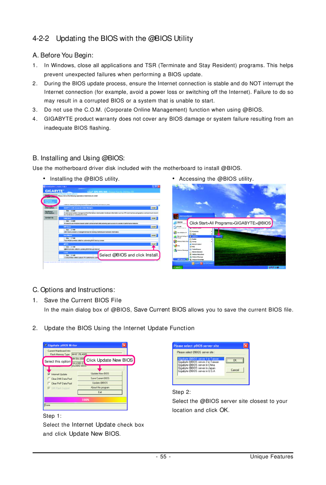 Intel GA-GC230D user manual Updating the Bios with the @BIOS Utility, Installing and Using @BIOS, Options and Instructions 