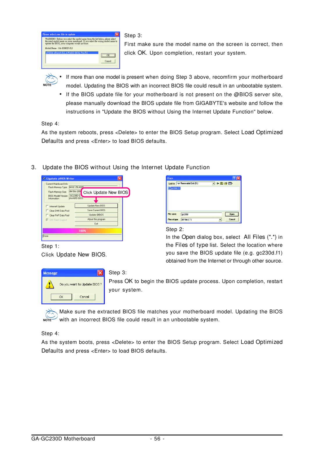 Intel GA-GC230D user manual Update the Bios without Using the Internet Update Function, Click Update New Bios 