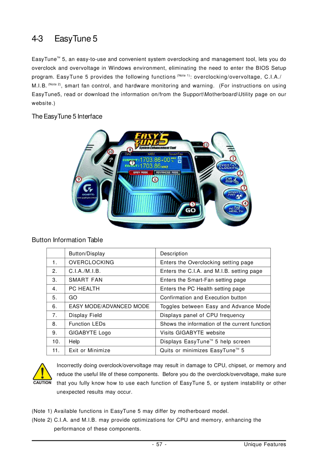 Intel GA-GC230D user manual EasyTune 5 Interface Button Information Table 